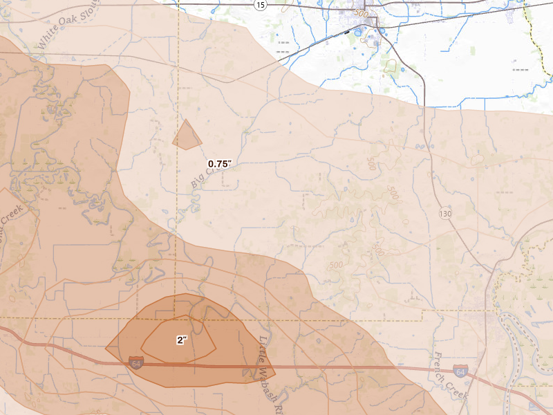 Radar-estimated hail-size map of the storm over Albion, IL on May 16, 2026