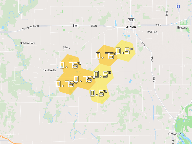 Hail map of Albion, IL on Jul 4, 2026, hail up to 0.75"