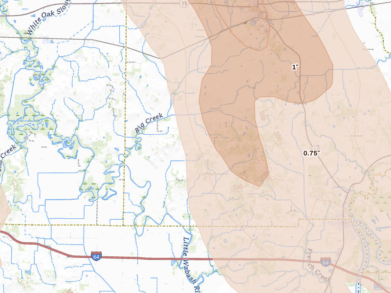 Radar-estimated hail-size map of the storm over Albion, IL on Jul 26, 2026