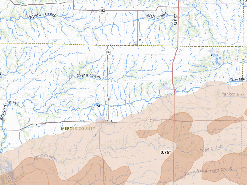 Radar-estimated hail-size map of the storm over Aledo, IL on Mar 10, 2026