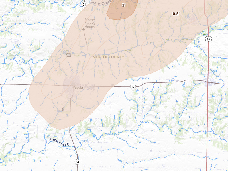 Radar-estimated hail-size map of the storm over Aledo, IL on Apr 2, 2026