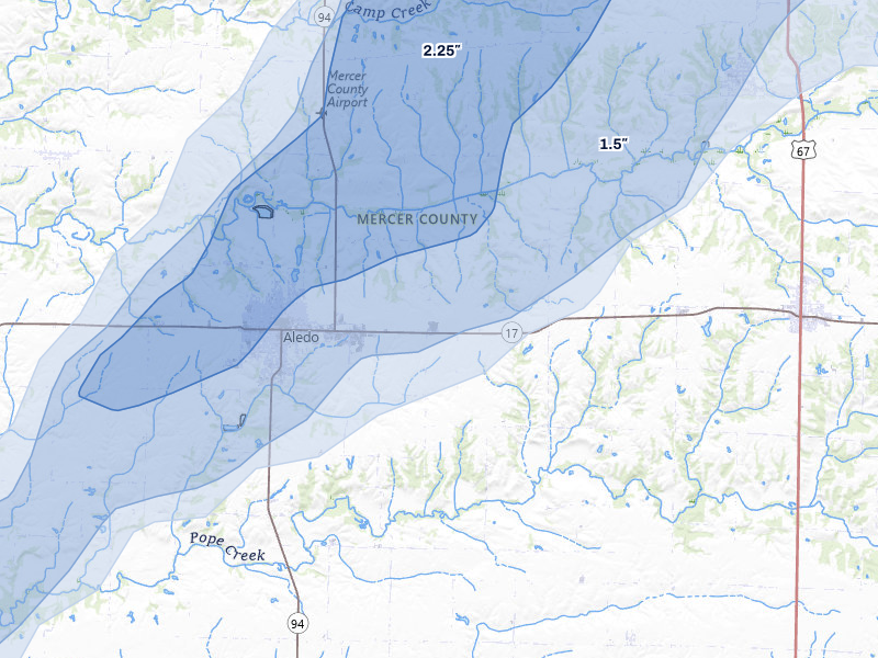NEXRAD radar-signature map of the hail storm over Aledo, IL on Apr 2, 2026