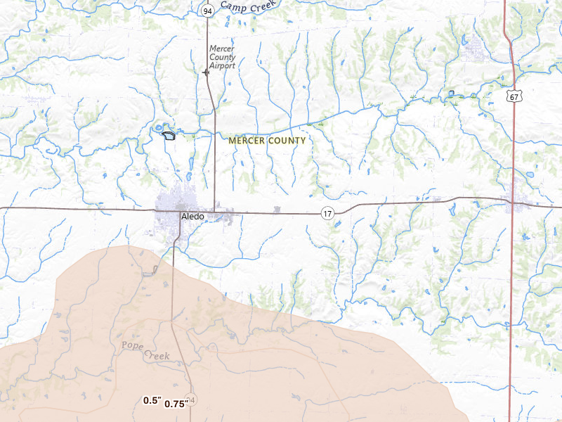 Radar-estimated hail-size map of the storm over Aledo, IL on May 4, 2026