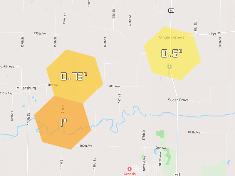 Hail map of Aledo, IL on Jun 6, 2026, hail up to 1"