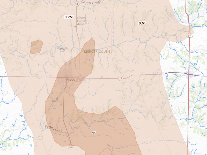 Radar-estimated hail-size map of the storm over Aledo, IL on Jul 20, 2026