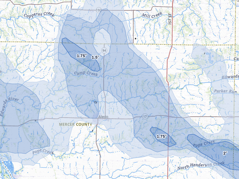 NEXRAD radar-signature map of the hail storm over Aledo, IL on Aug 12, 2026