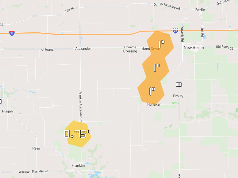 Hail map of Alexander, IL on Jul 4, 2026, hail up to 1"