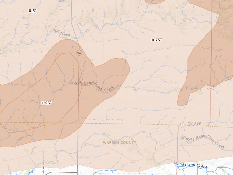 Radar-estimated hail-size map of the storm over Alexis, IL on Mar 10, 2026