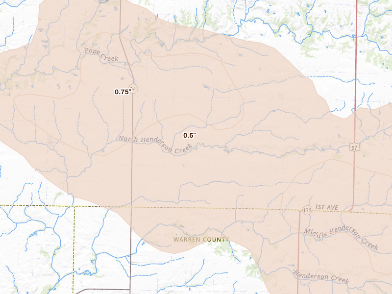 Radar-estimated hail-size map of the storm over Alexis, IL on May 4, 2026