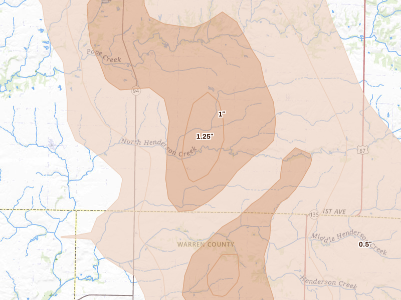 Radar-estimated hail-size map of the storm over Alexis, IL on Jul 20, 2026