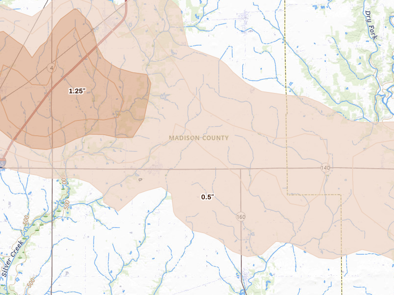 Radar-estimated hail-size map of the storm over Alhambra, IL on May 4, 2026