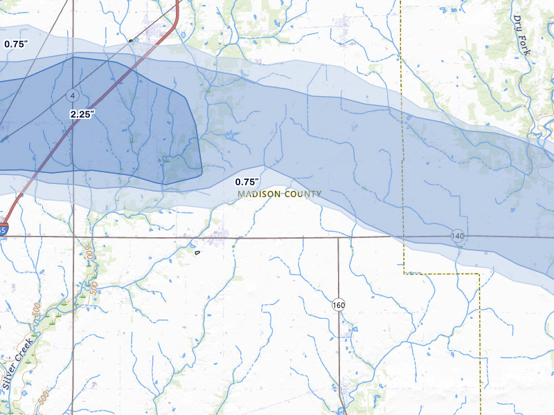 NEXRAD radar-signature map of the hail storm over Alhambra, IL on May 4, 2026