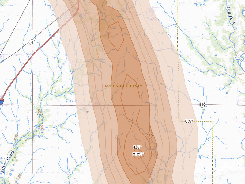 Radar-estimated hail-size map of the storm over Alhambra, IL on Aug 21, 2026