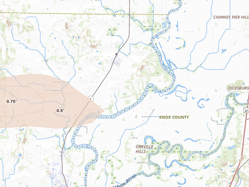 Radar-estimated hail-size map of the storm over Allendale, IL on Jun 27, 2026