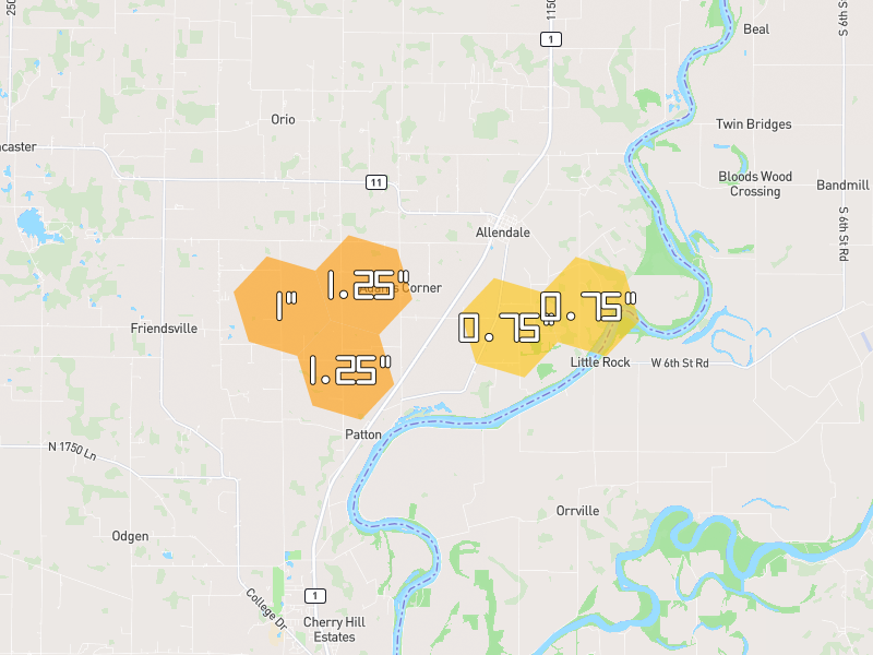 Hail map of Allendale, IL on Jun 27, 2026, hail up to 1.25"