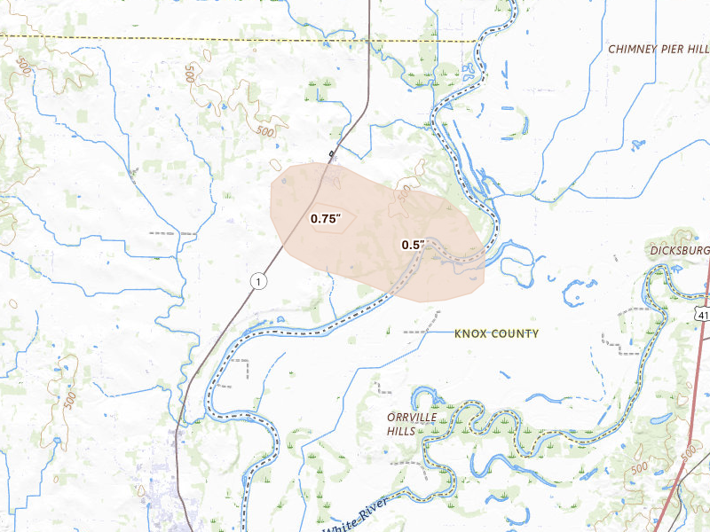 Radar-estimated hail-size map of the storm over Allendale, IL on Aug 26, 2026