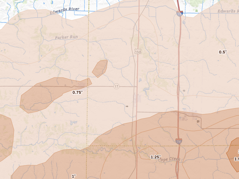 Radar-estimated hail-size map of the storm over Alpha, IL on Mar 10, 2026