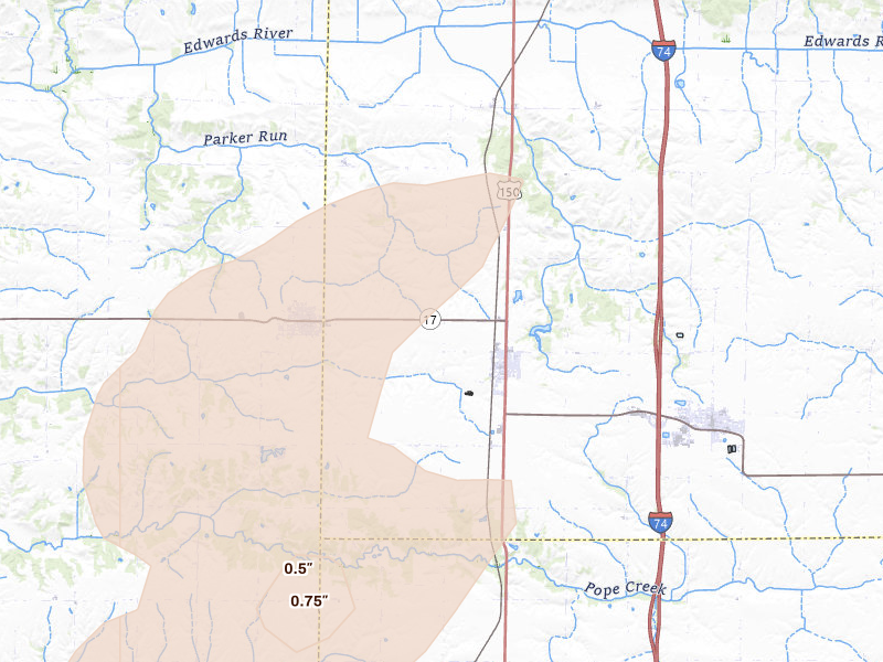 Radar-estimated hail-size map of the storm over Alpha, IL on Jul 2, 2026