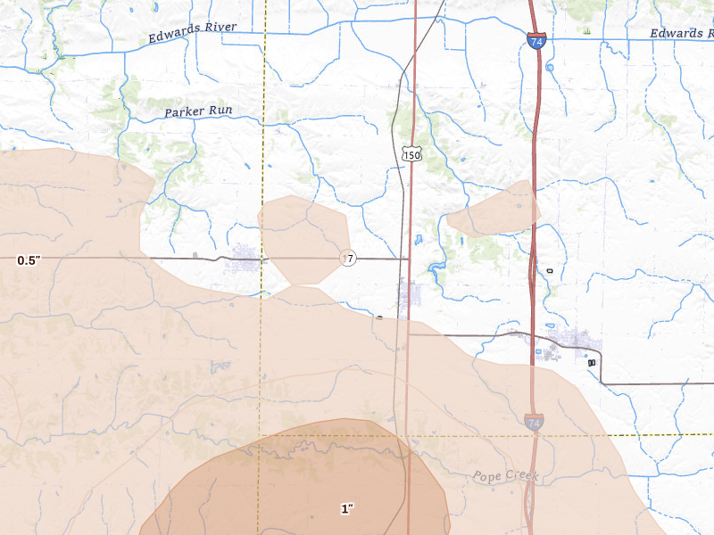 Radar-estimated hail-size map of the storm over Alpha, IL on Aug 12, 2026