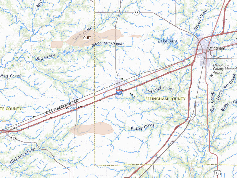 Radar-estimated hail-size map of the storm over Altamont, IL on Mar 22, 2026