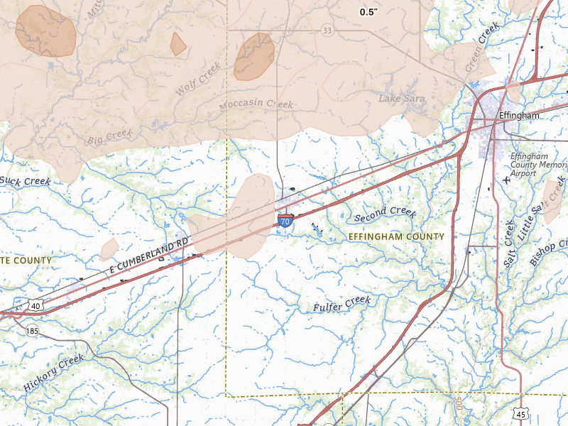 Radar-estimated hail-size map of the storm over Altamont, IL on Apr 27, 2026