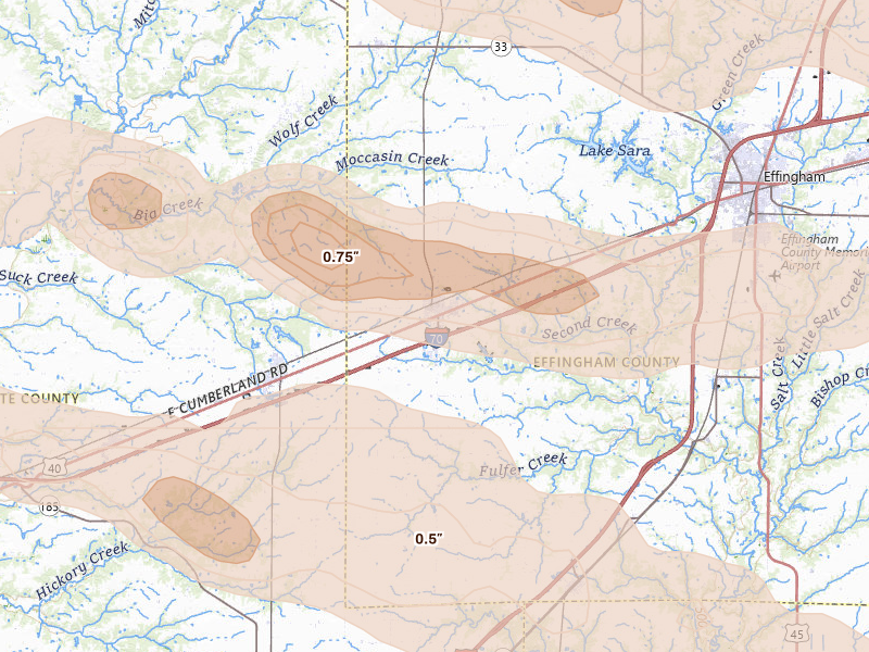 Radar-estimated hail-size map of the storm over Altamont, IL on Jun 17, 2026