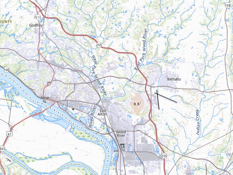 Radar-estimated hail-size map of the storm over Alton, IL on Mar 15, 2026