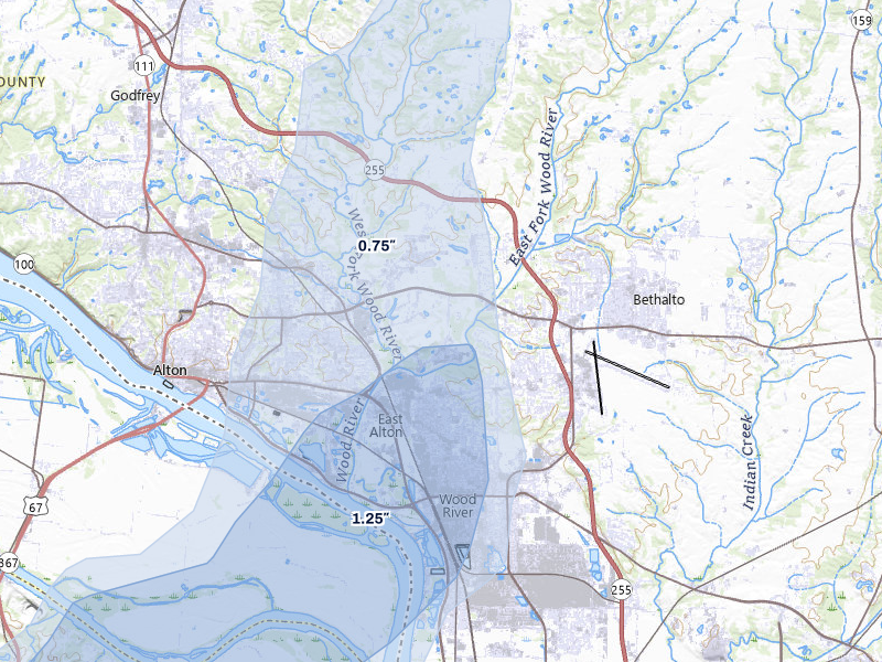 NEXRAD radar-signature map of the hail over Alton, IL