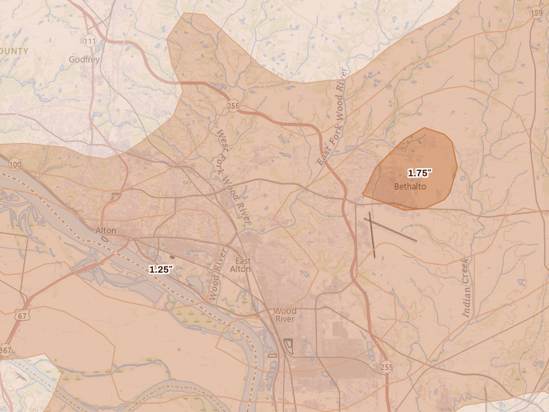 Radar-estimated hail-size map of the storm over Alton, IL on Apr 27, 2026