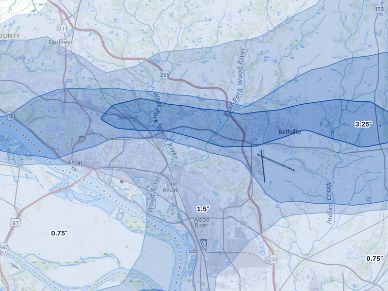 NEXRAD radar-signature map of the hail over Alton, IL