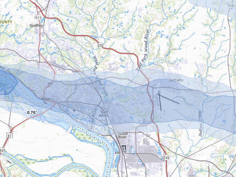 NEXRAD radar-signature map of the hail storm over Alton, IL on May 3, 2026