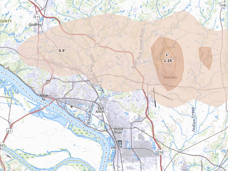 Radar-estimated hail-size map of the storm over Alton, IL on May 4, 2026