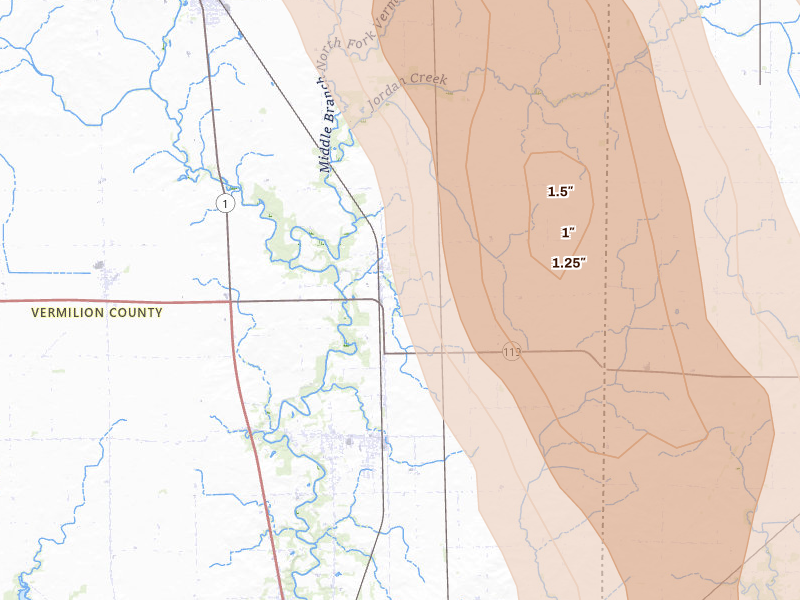 Radar-estimated hail-size map of the storm over Alvin, IL on Jul 27, 2026