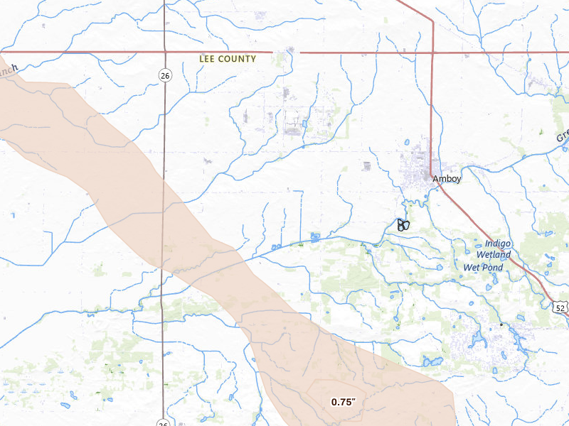 Radar-estimated hail-size map of the storm over Amboy, IL on Jun 24, 2026