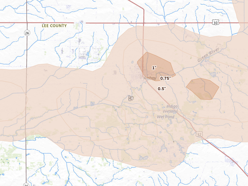 Radar-estimated hail-size map of the storm over Amboy, IL on Aug 9, 2026