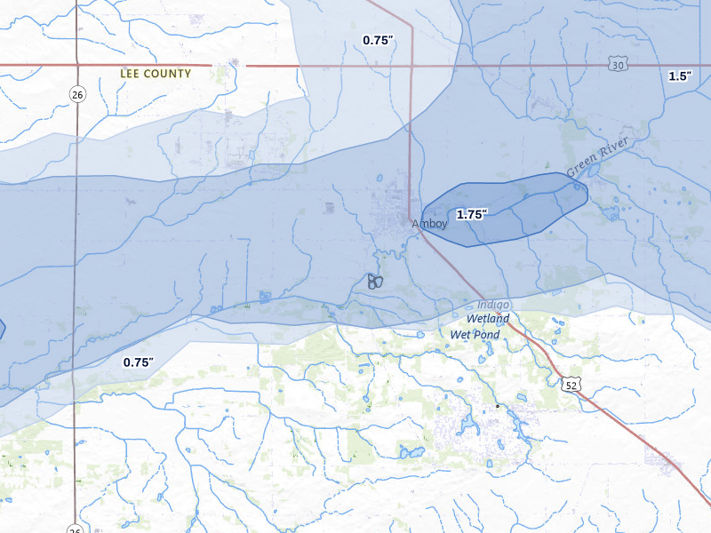 NEXRAD radar-signature map of the hail storm over Amboy, IL on Aug 9, 2026