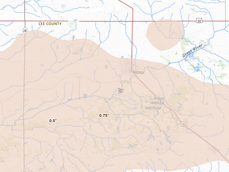 Radar-estimated hail-size map of the storm over Amboy, IL on Aug 11, 2026