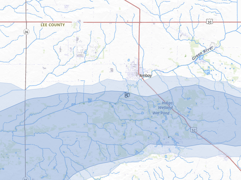 NEXRAD radar-signature map of the hail storm over Amboy, IL on Aug 11, 2026