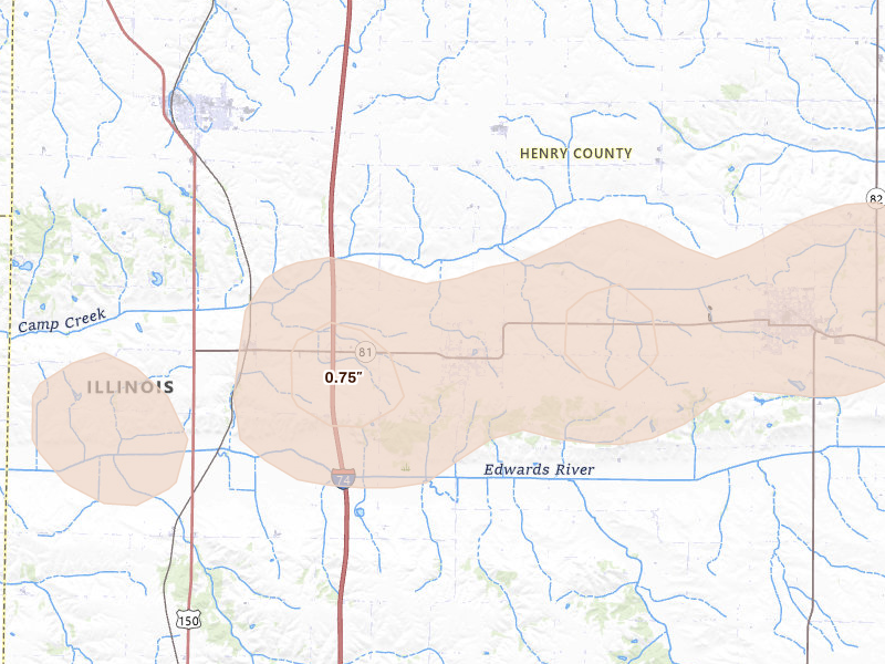Radar-estimated hail-size map of the storm over Andover, IL on May 4, 2026