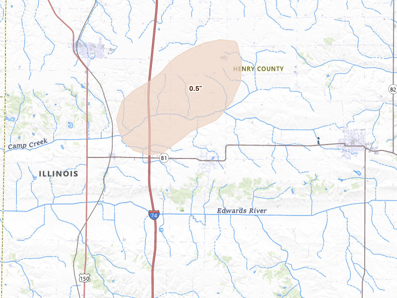 Radar-estimated hail-size map of the storm over Andover, IL on Jul 3, 2026