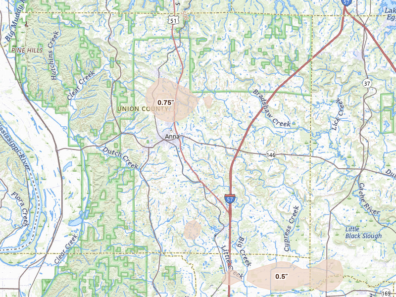 Radar-estimated hail-size map of the storm over Anna, IL on Jun 1, 2026