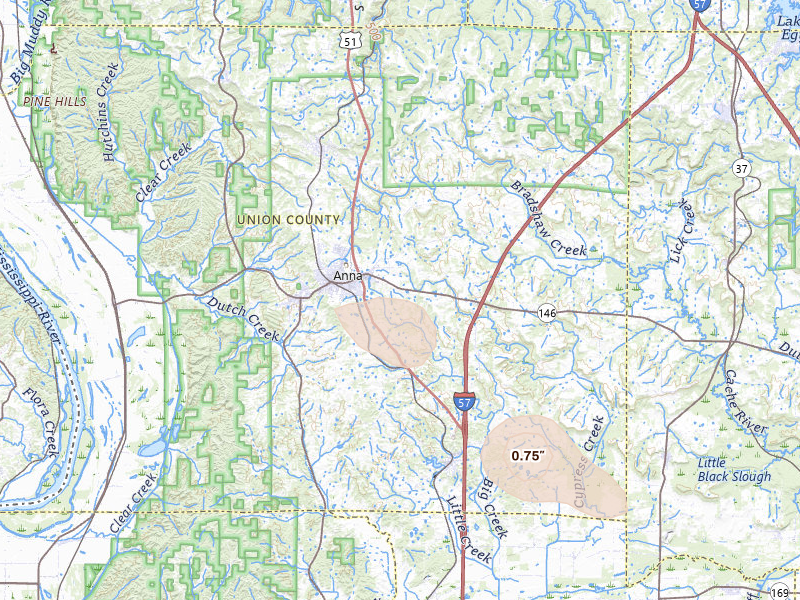 Radar-estimated hail-size map of the storm over Anna, IL on Jul 8, 2026