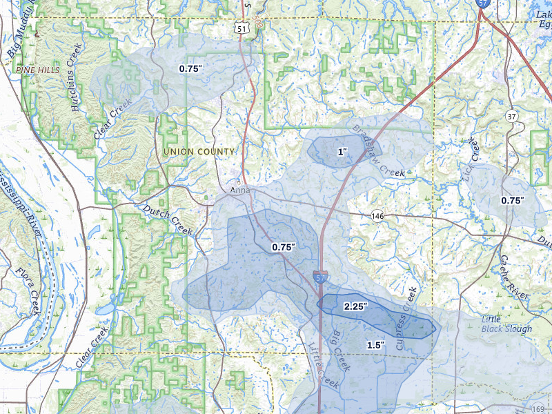 NEXRAD radar-signature map of the hail storm over Anna, IL on Jul 8, 2026