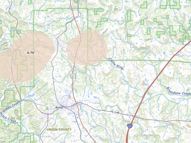 Radar-estimated hail-size map of the storm over Anna, IL on Aug 19, 2026