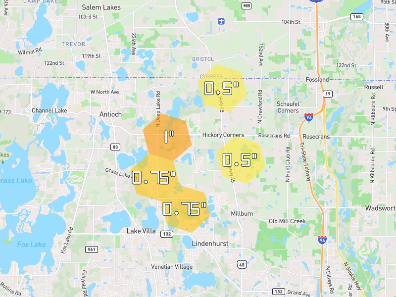 Hail map of Antioch, IL on Jul 3, 2026, hail up to 1"