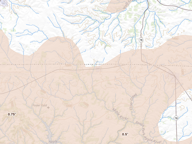 Radar-estimated hail-size map of the storm over Apple River, IL on Apr 17, 2026