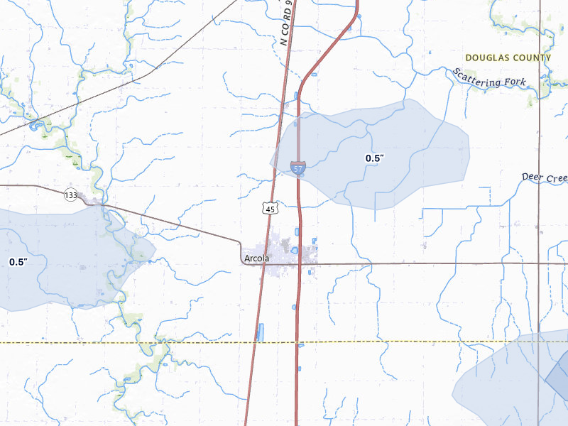 NEXRAD radar-signature map of the hail storm over Arcola, IL on May 4, 2026