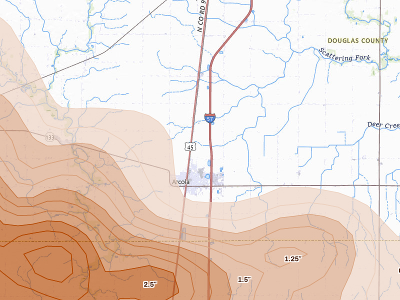 Radar-estimated hail-size map of the storm over Arcola, IL on Jun 17, 2026