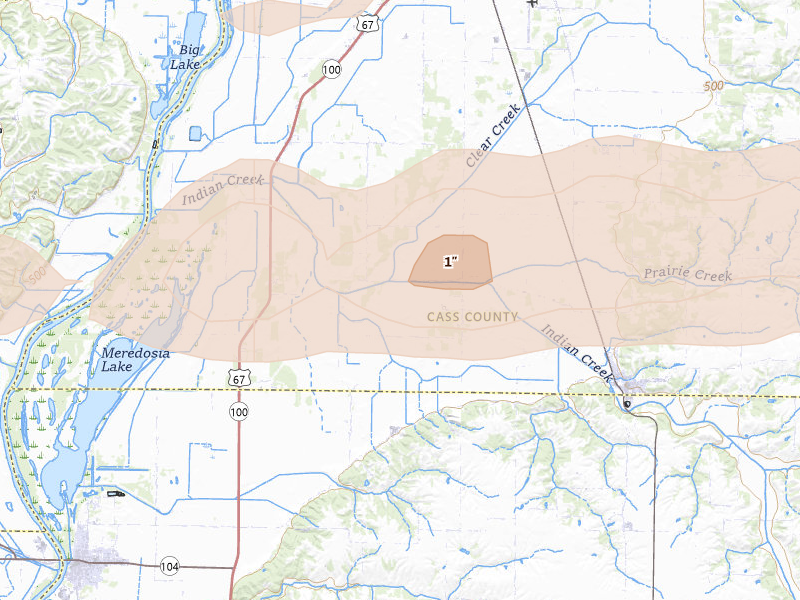 Radar-estimated hail-size map of the storm over Arenzville, IL on Mar 3, 2026