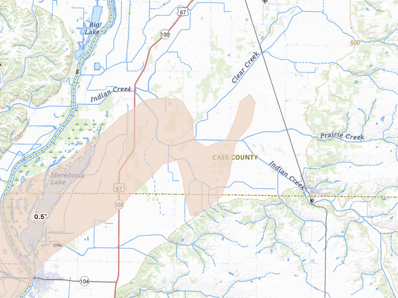 Radar-estimated hail-size map of the storm over Arenzville, IL on Apr 27, 2026